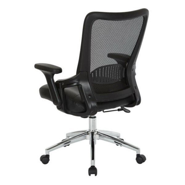 WorkSmart Mesh Back Task Chair  model EMH6921C Breathable mesh back with built-in lumbar support Black padded bonded leather seat One-touch pneumatic seat height adjustment Locking tilt control with adjustable tilt tension Adjustable PU padded flip arms Chrome base with dual wheel carpet casters