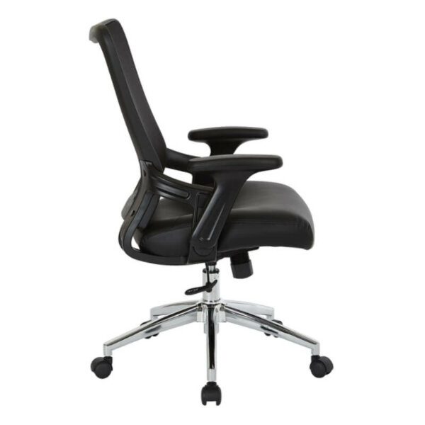 WorkSmart Mesh Back Task Chair  model EMH6921C Breathable mesh back with built-in lumbar support Black padded bonded leather seat One-touch pneumatic seat height adjustment Locking tilt control with adjustable tilt tension Adjustable PU padded flip arms Chrome base with dual wheel carpet casters
