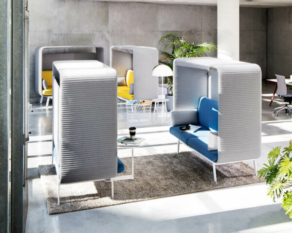 Borgo Privée the furniture becomes the architecture; the canopies, although enclosed, are inviting structures that wrap around the seating to ensure privacy and acoustic comfort. Canopy models are padded with sound-absorbing, recycled polyurethane