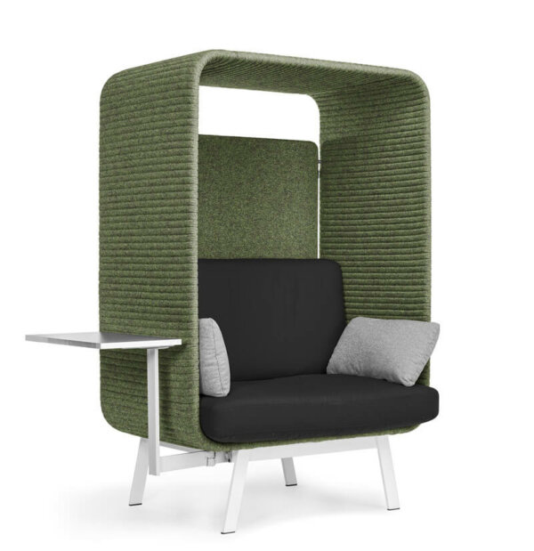 Borgo Privée the furniture becomes the architecture; the canopies, although enclosed, are inviting structures that wrap around the seating to ensure privacy and acoustic comfort. Canopy models are padded with sound-absorbing, recycled polyurethane
