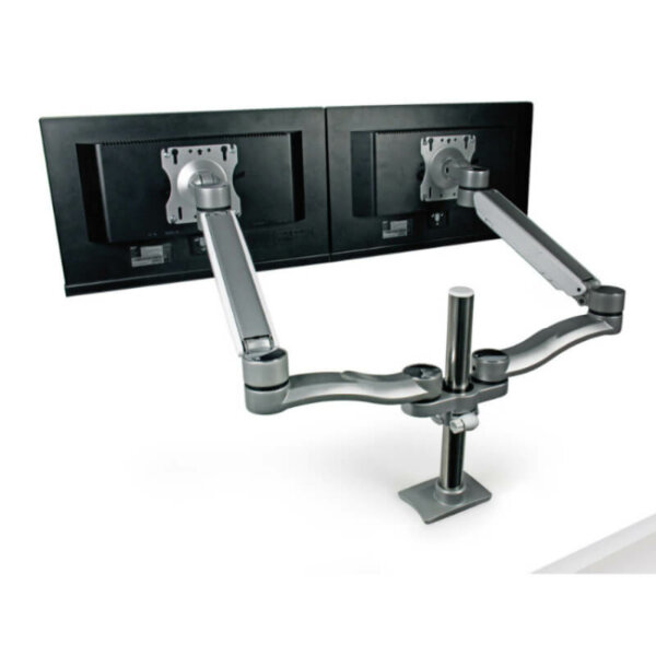 Concerto Dual Monitor Arm FSP-20HA "HA" adds a fingertip height adjustable monitor arm which is counterbalanced Monitor height adjustment range from 3" to 12" from the worksurface Cable management on arm swivel joints and pole support ring Arm components manufactured from 100% recyclable die cast aluminum material Dual screen, two segments with a 19" extension from center of pole to front of VESA plate Max of 39" width per monitor Holds 20 lbs. per monitor VESA plate head is fully adjustable with 180° of tilt, 180° of swivel and 360° of rotation for portrait to landscape viewing 360° of beam swivel around pole Clamp and grommet mount included Monitor arms available in Silver (standard colour)