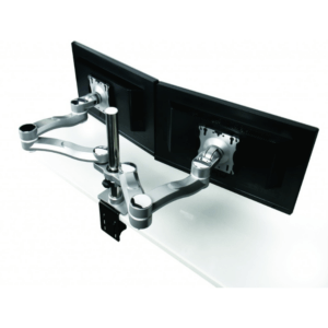 Concerto Dual Monitor Arm FSP-20 Cable management on arm swivel joints and pole support ring Arm components manufactured from 100% recyclable die cast aluminum material Dual screen, two segments with a 19" extension from center of pole to front of VESA plate Max of 39" width per monitor Holds 20 lbs. per monitor VESA plate head is fully adjustable with 180° of tilt, 180° of swivel and 360° of rotation for portrait to landscape viewing 360° of beam swivel around pole Clamp and grommet mount included Monitor arms available in Silver (standard colour)