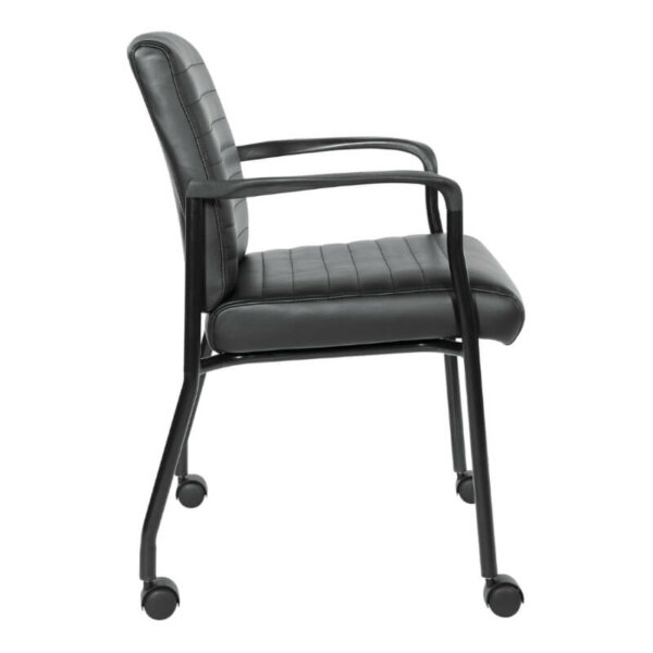 Faux Leather Guest Chair with Casters Thick padded faux leather seat and back with built-in lumbar support Black frame with radial-style, polypropylene arms Dual wheel carpet casters
