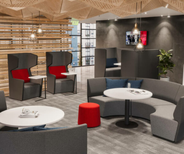 MotionOffice® Loop Modular Lounge  Standard motion felt, milled wool blend textile Levelling glides Ganging mechanism secures pieces in desired layout Modular design allows endless configurations and sizing