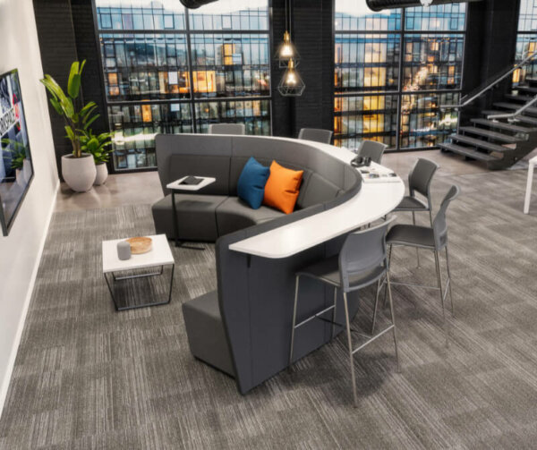 MotionOffice® Expo Modular Lounge  Standard motion felt, milled wool blend textile Levelling glides Ganging mechanism secures pieces in desired layout Standing height worksurface