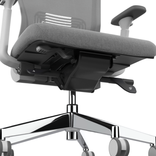 Workspace48 Compass task Chair; White/Grey White frame with grey fabric seat Seat depth adjustment Pneumatic height adjustment Adjustable arms Breathable mesh back Seat back tension adjustment Heavy duty castors 10 year warranty